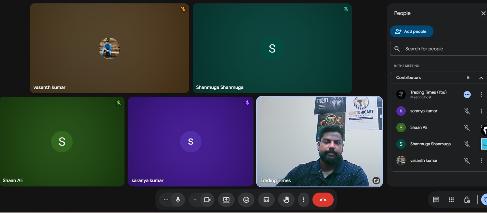 Illustrative Google Meet stock market class with mentor presentation and student attendance tiles